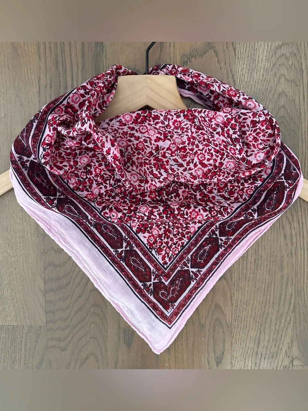 Vintage 1970s Block Print Floral Paisley Cotton Square Scarf Pink Multicolor 25